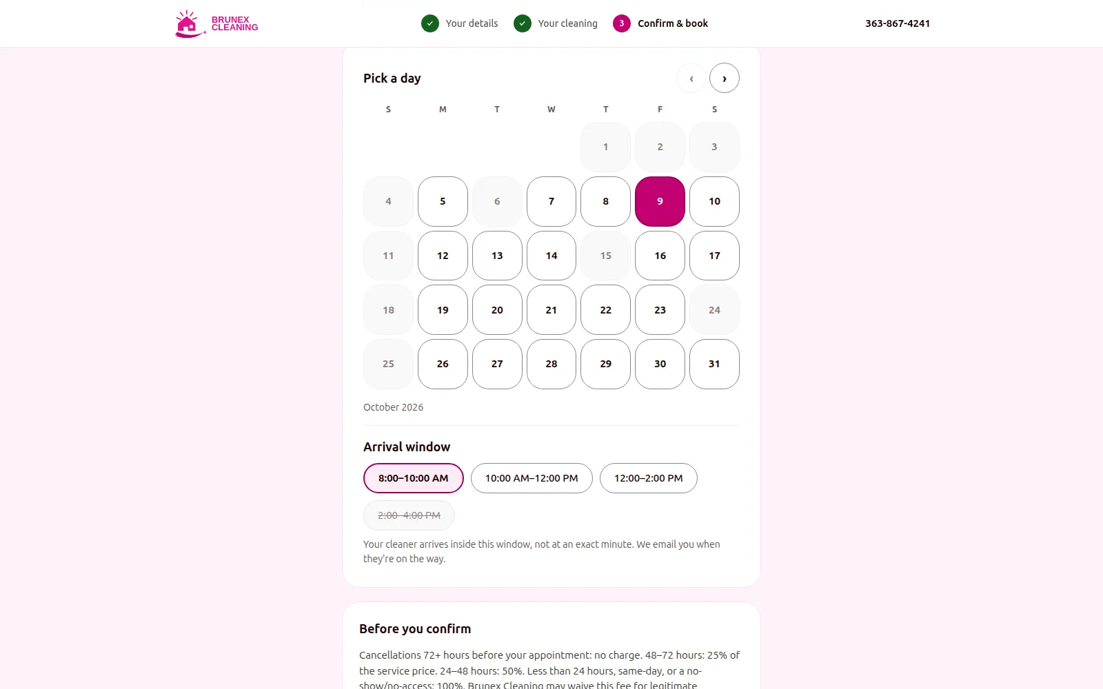 Booking page with a month calendar, the 9th selected, and four arrival-window chips, one of which is struck through as full.