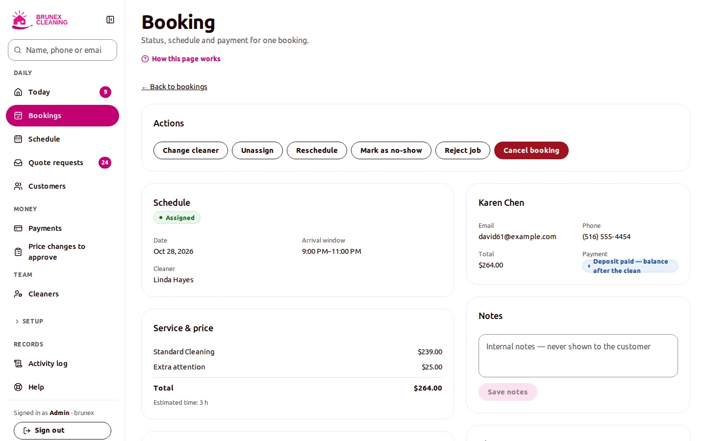Booking detail page with actions to change cleaner, reschedule or cancel, the schedule and arrival window, a $264 price breakdown and a deposit-paid badge.
