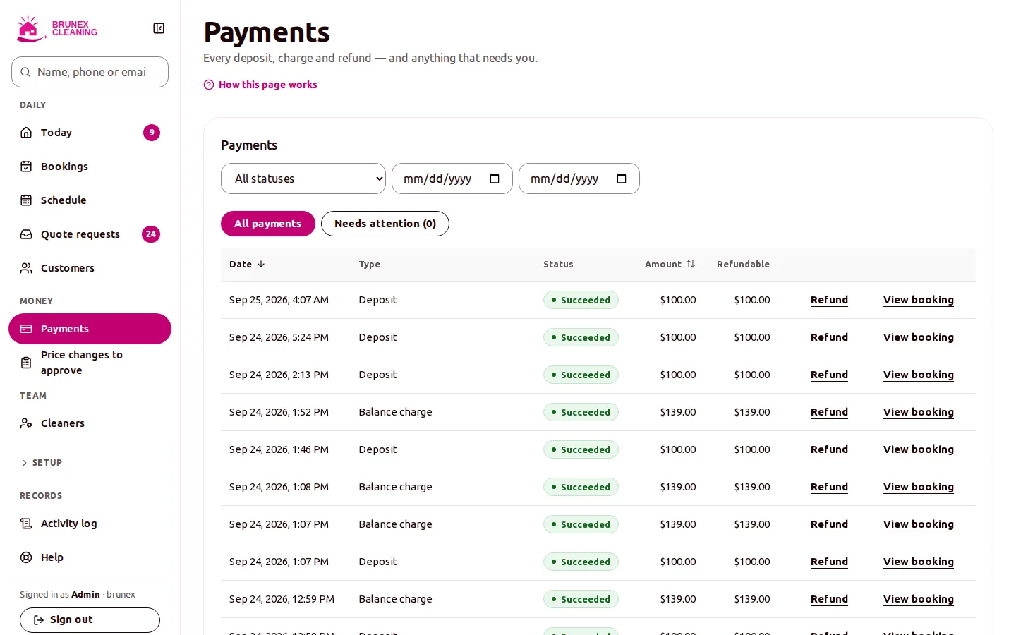 Payments page listing deposits and balance charges with succeeded status, amounts, refundable amounts and refund links.