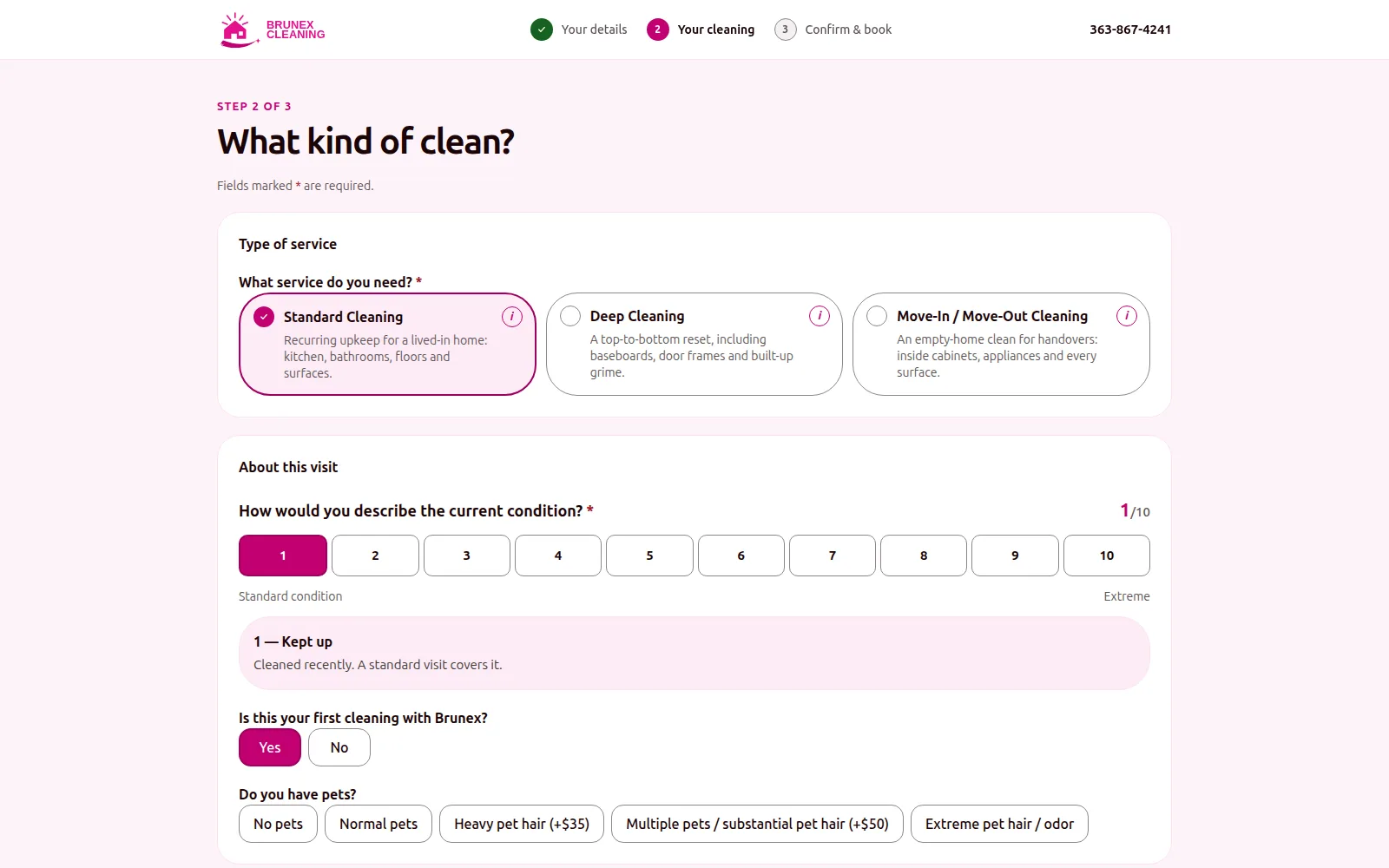 Quote wizard step 2 of 3 showing three service cards with Standard Cleaning selected, a ten-point condition scale and pet options with surcharges.