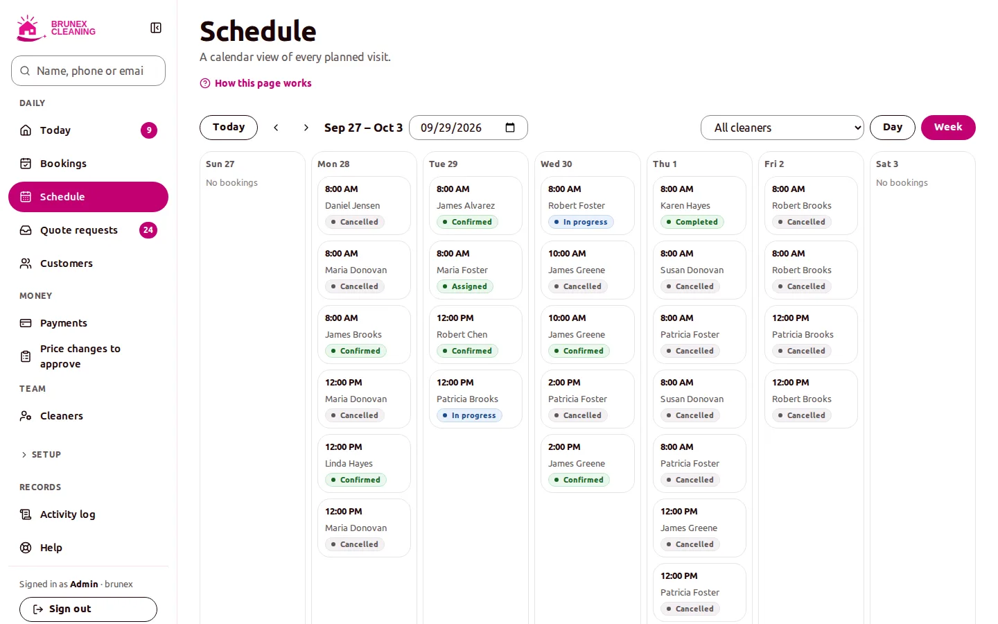 Week calendar listing bookings per day with times, customer names and status badges such as confirmed, assigned, in progress and cancelled.