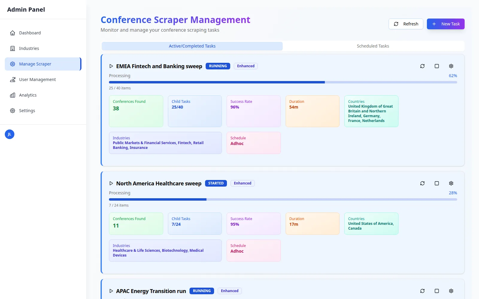 Scraper management page with two running tasks showing progress bars, conferences found, child tasks, duration, countries and industries.