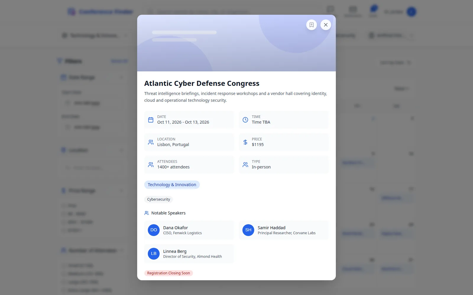 Event detail dialog showing dates, location, price, attendees, industry tags and three notable speakers.