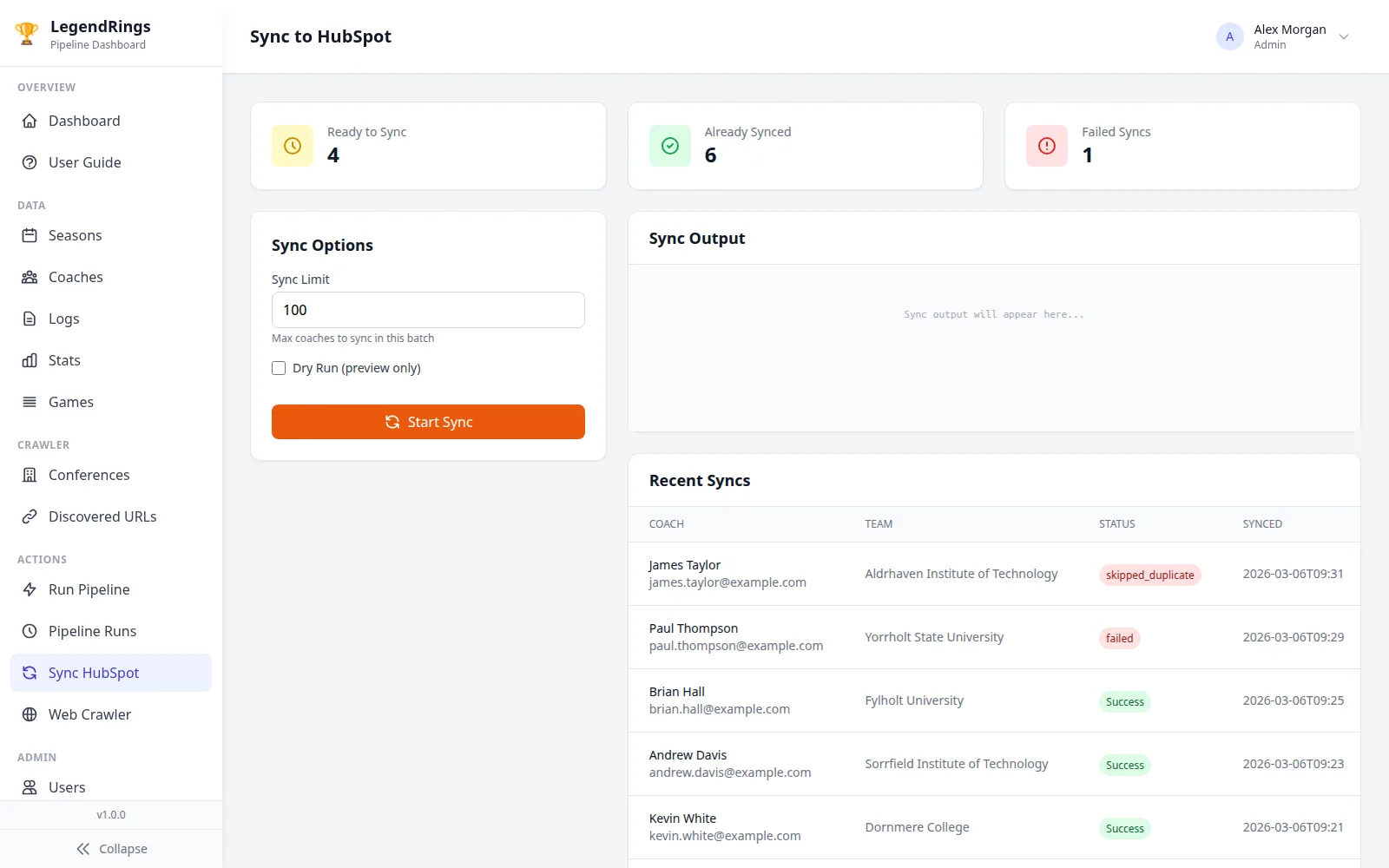 CRM sync page with counts ready, synced and failed, a dry-run checkbox and a recent sync log showing success, failed and skipped-duplicate rows.