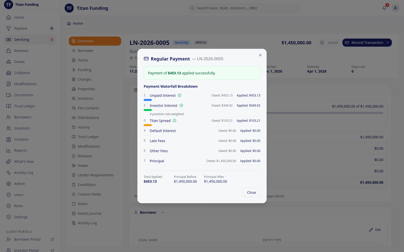 Payment waterfall dialog listing seven levels from unpaid interest to principal, with amounts owed and applied for a $453.13 payment.