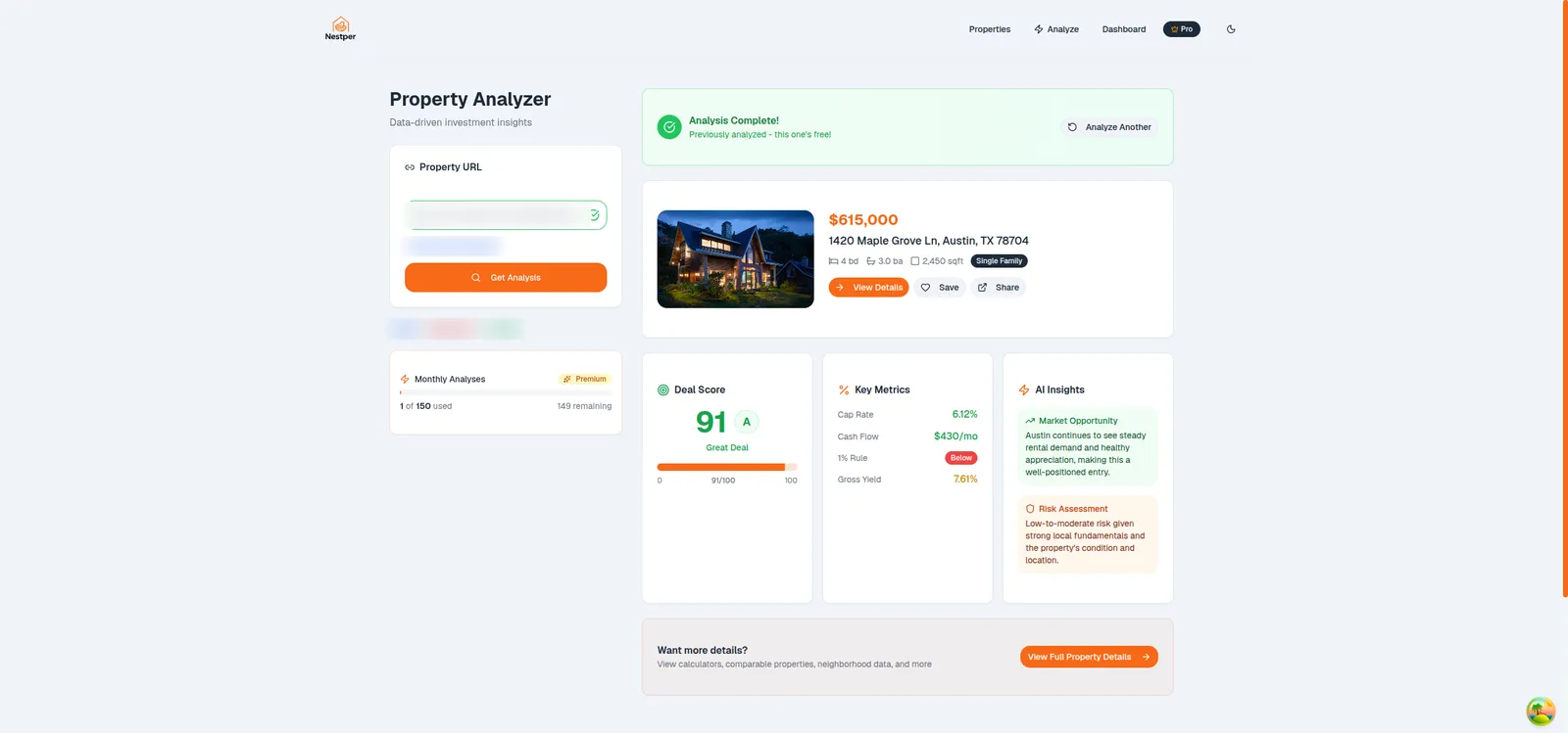 A completed Nestper analysis showing a deal score of 91 out of 100, a 6.12% cap rate, $430 monthly cash flow, and AI notes on market opportunity and risk.