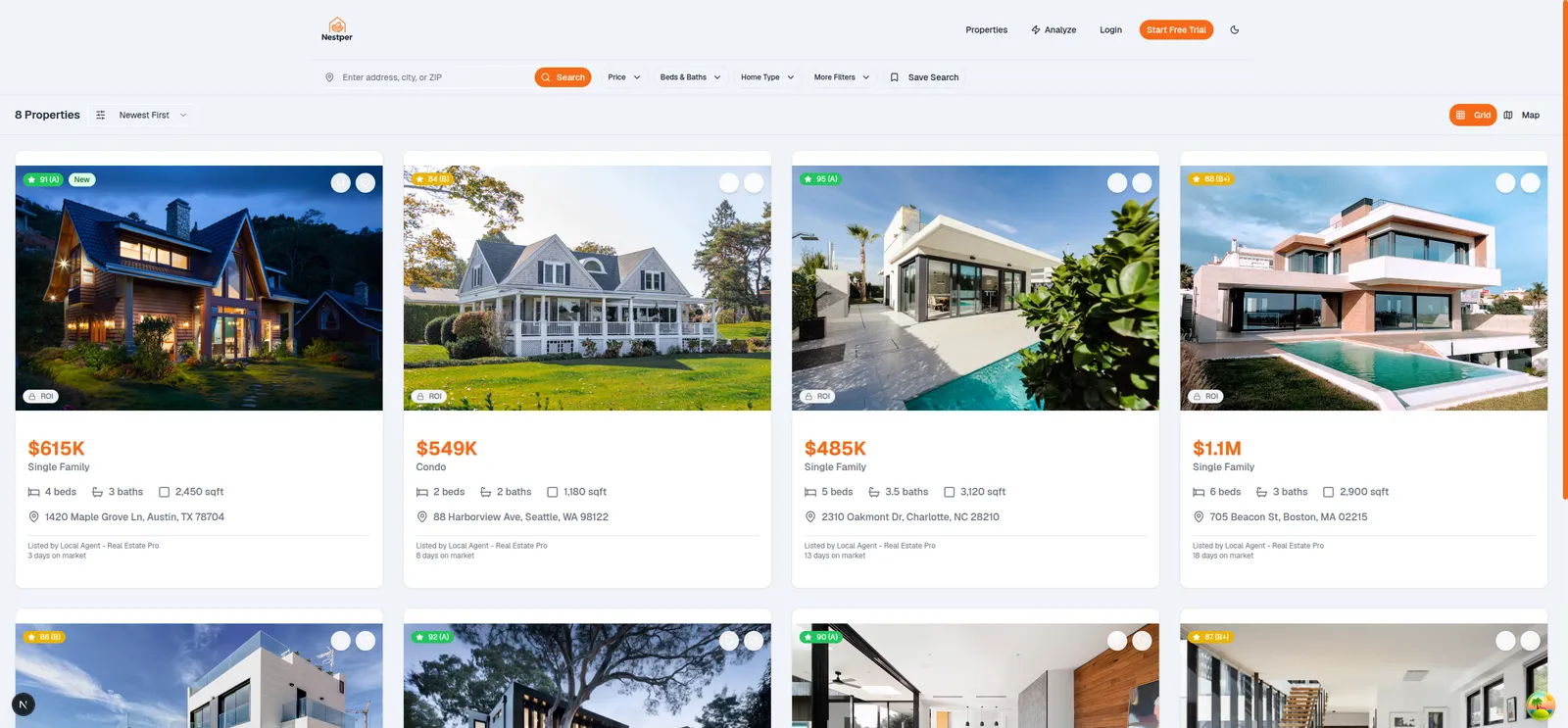 Nestper browse view listing eight properties in a grid, each card carrying a deal-score badge, price, beds, baths and square footage.