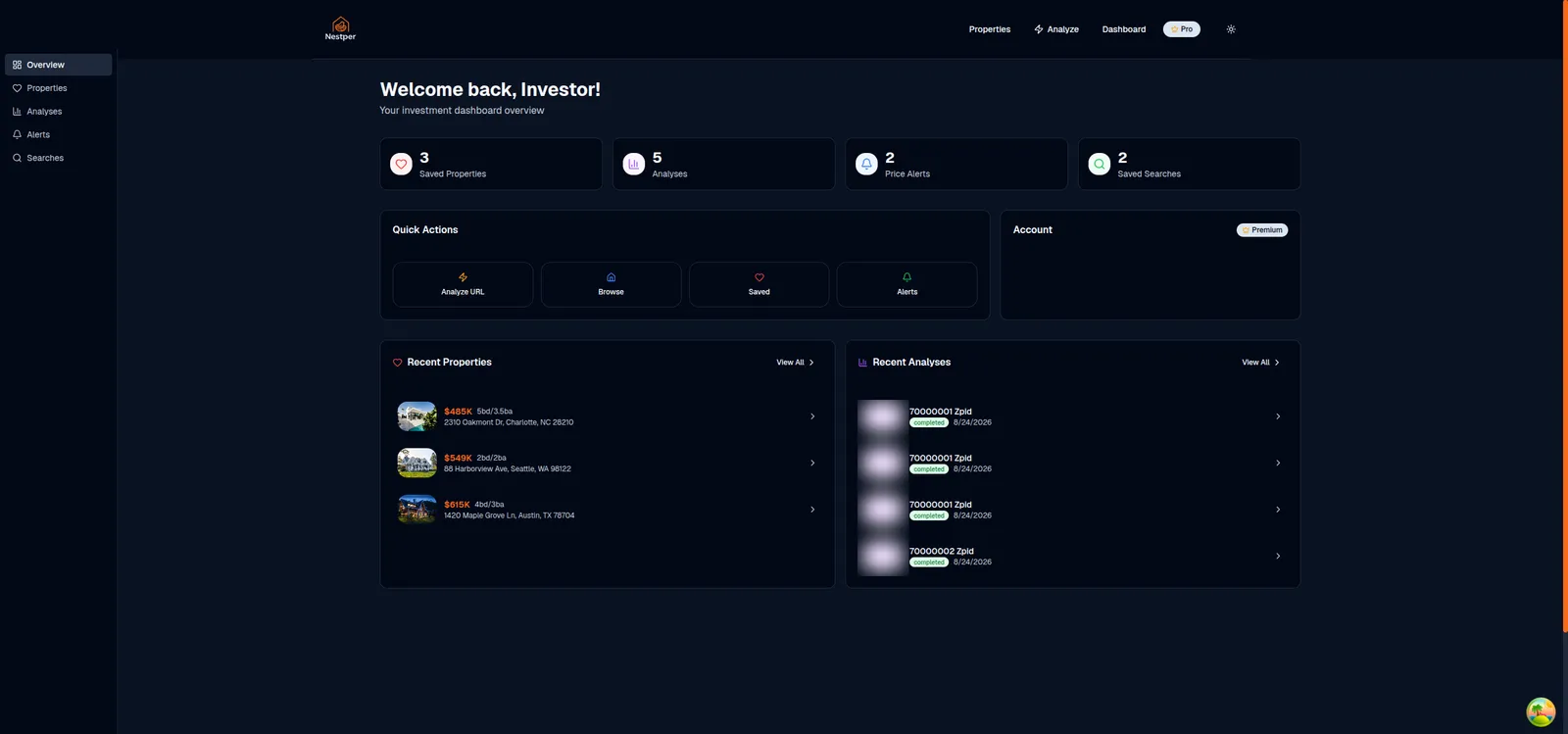 The same Nestper investor dashboard rendered in dark mode.