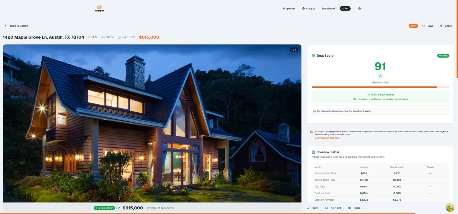 Nestper property detail page for a $615,000 home, with a deal score of 91, a below-market indicator, and a table comparing Nestper's figures against the user's own scenario.