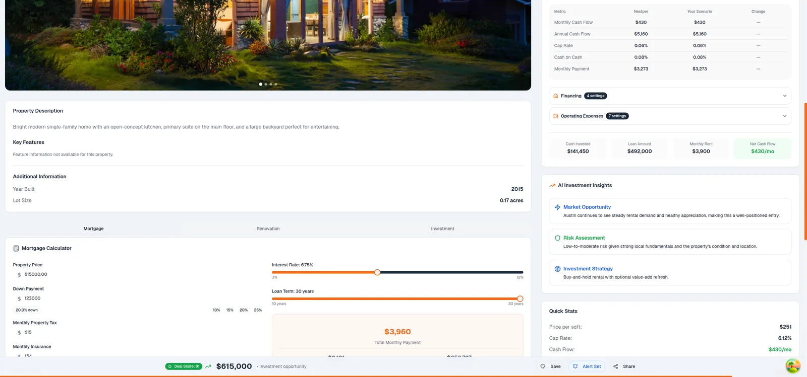Nestper mortgage calculator with sliders for interest rate and loan term, beside a panel showing total monthly payment, cash invested, loan amount, monthly rent and net cash flow.