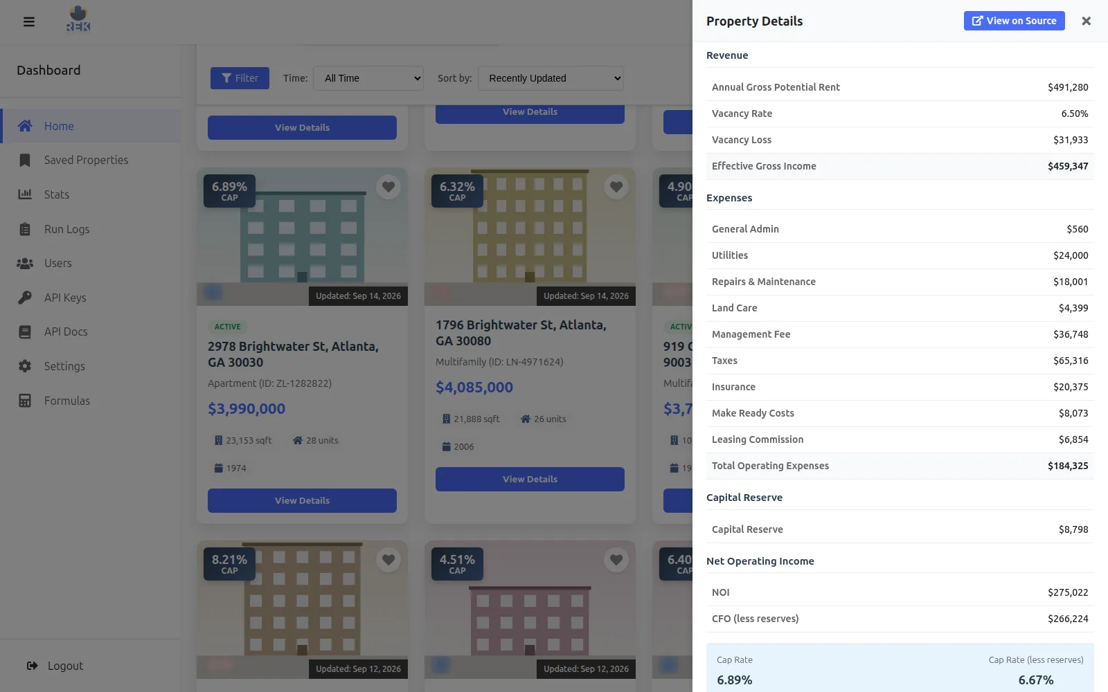 Calculations tab listing annual gross potential rent, vacancy loss, nine itemised operating expenses, capital reserve, net operating income and a 6.89% cap rate.