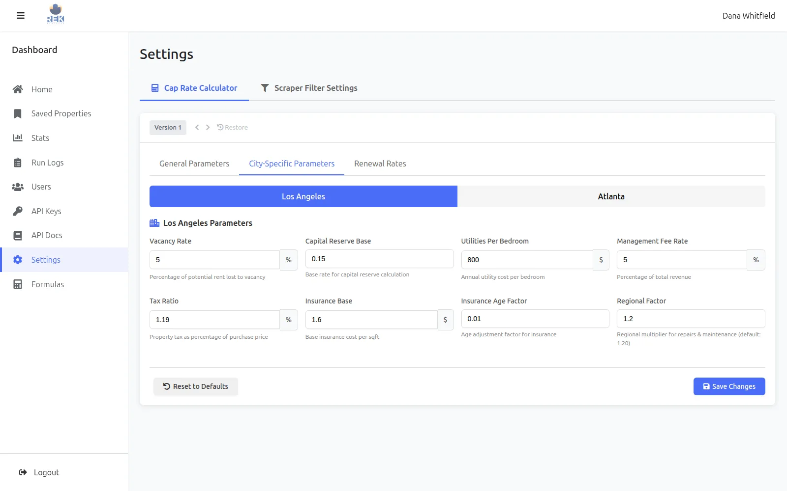 Settings page with versioned, city-specific cap-rate parameters such as vacancy rate, management fee, tax ratio and insurance base.